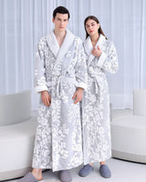 Floral Fleece Bathrobe  Matching Couple Grey White Pattern - Product showcase
