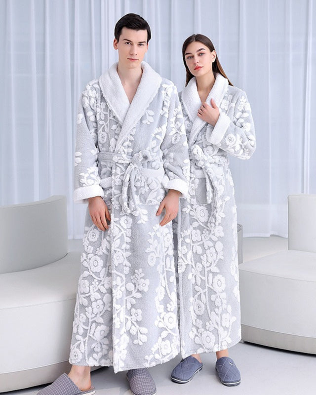 Floral Fleece Bathrobe  Matching Couple Grey White Pattern - Product showcase