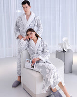 Floral Fleece Bathrobe  Matching Couple Grey White Pattern - Detailed view