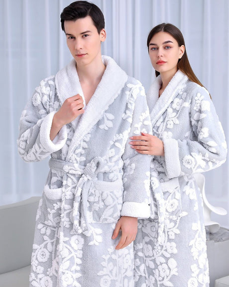 Floral Fleece Bathrobe  Matching Couple Grey White Pattern - Product example