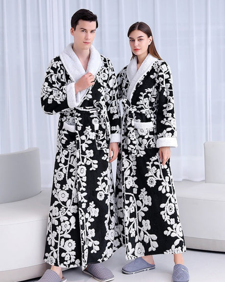 Floral Fleece Bathrobe  Black and White Blossom Pattern - Product showcase