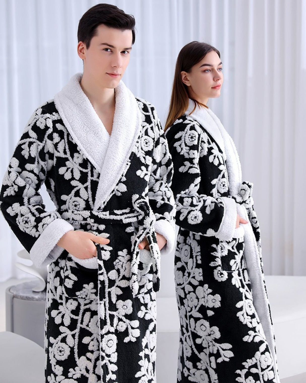 Floral Fleece Bathrobe  Black and White Blossom Pattern - Detailed view
