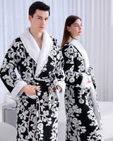 Floral Fleece Bathrobe  Black and White Blossom Pattern - Detailed view