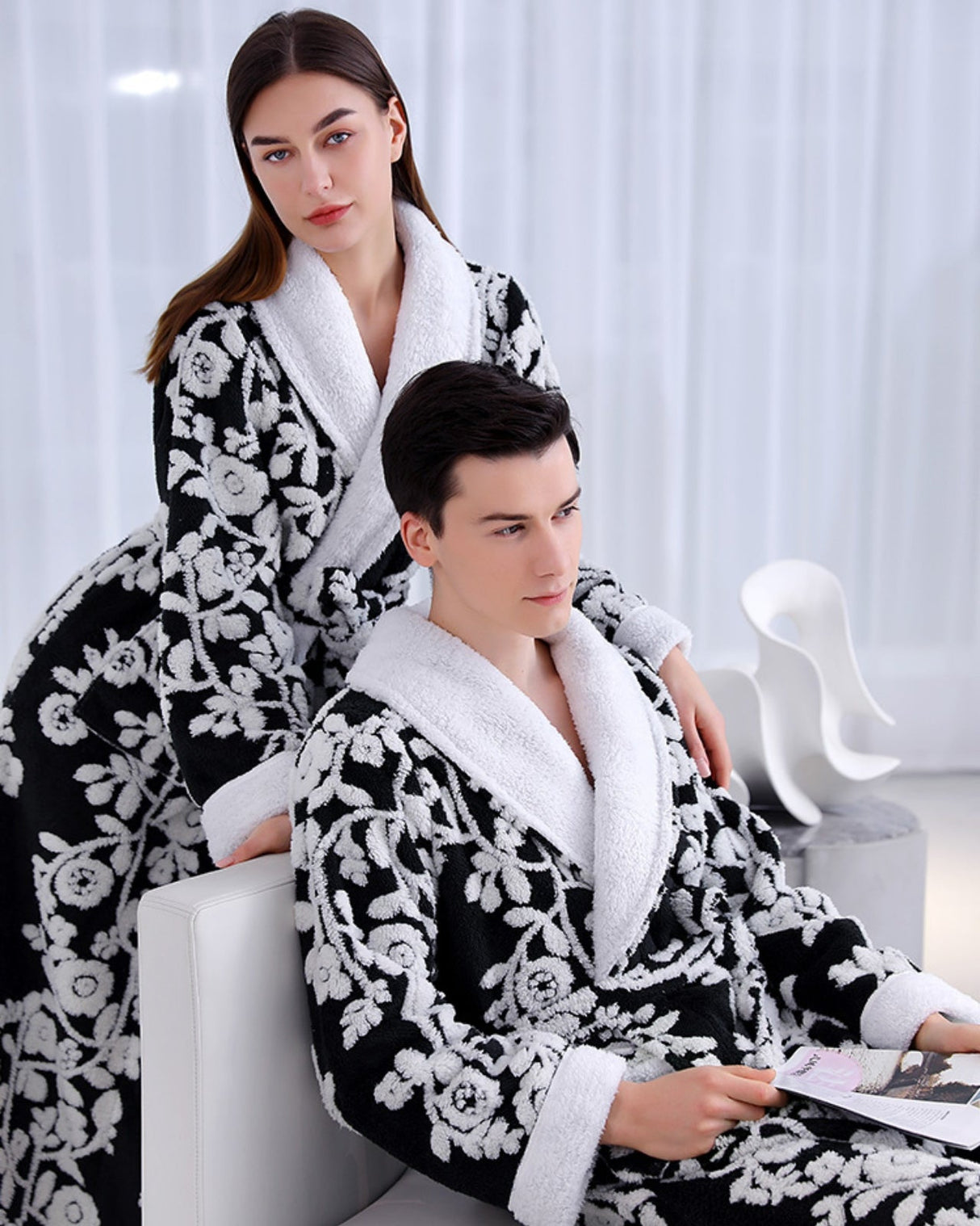 Floral Fleece Bathrobe  Black and White Blossom Pattern - Product example