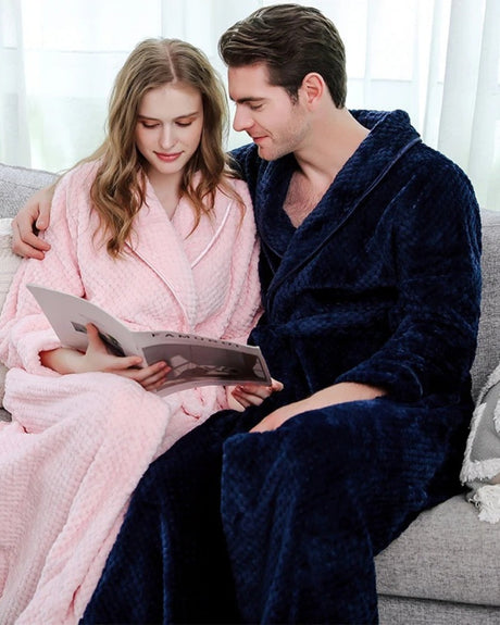 Plush Couple Bathrobes  Soft Fleece Navy Blue and Pink - Product showcase