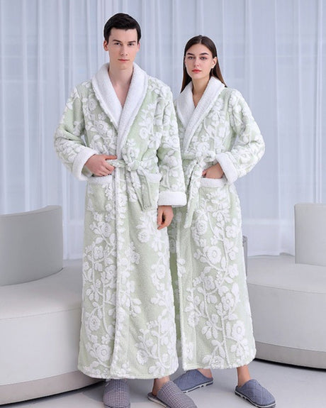 Luxury Floral Bathrobe Set  Sage Green Fleece With White Blooms - Product showcase