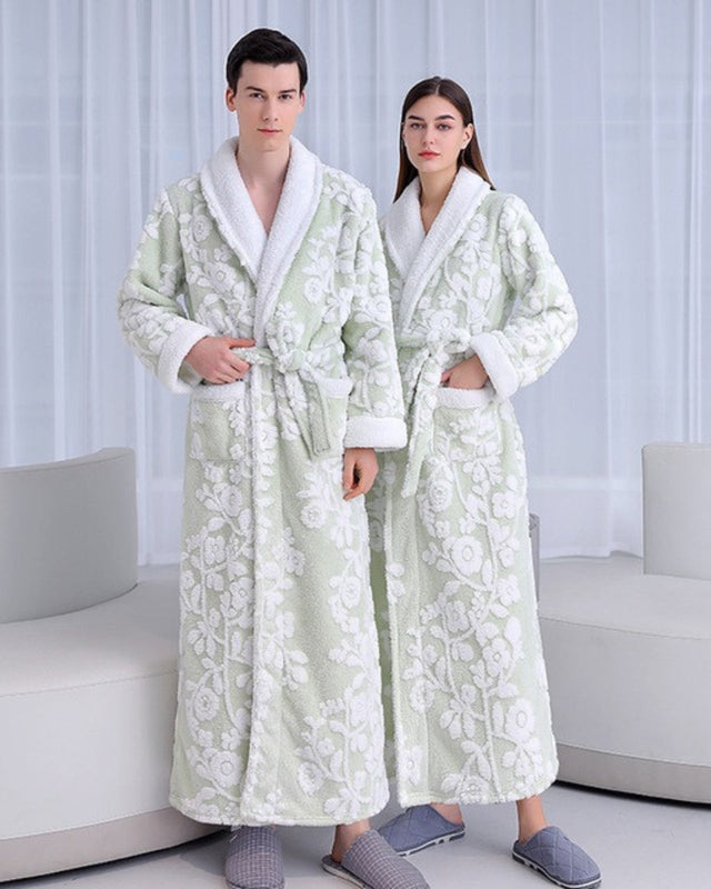 Luxury Floral Bathrobe Set  Sage Green Fleece With White Blooms - Product showcase