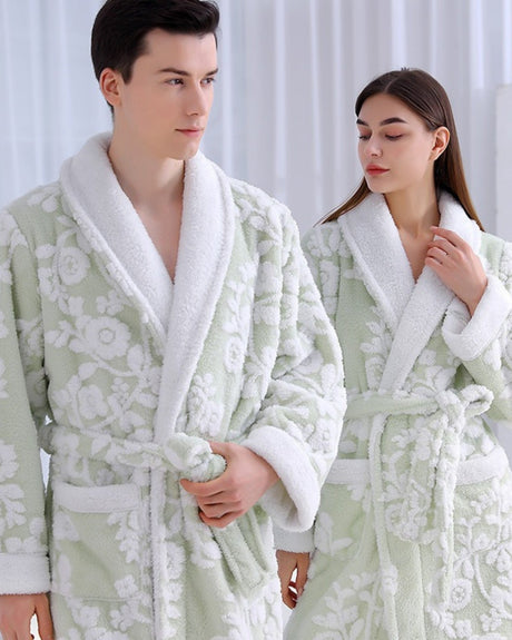 Luxury Floral Bathrobe Set  Sage Green Fleece With White Blooms - Product example