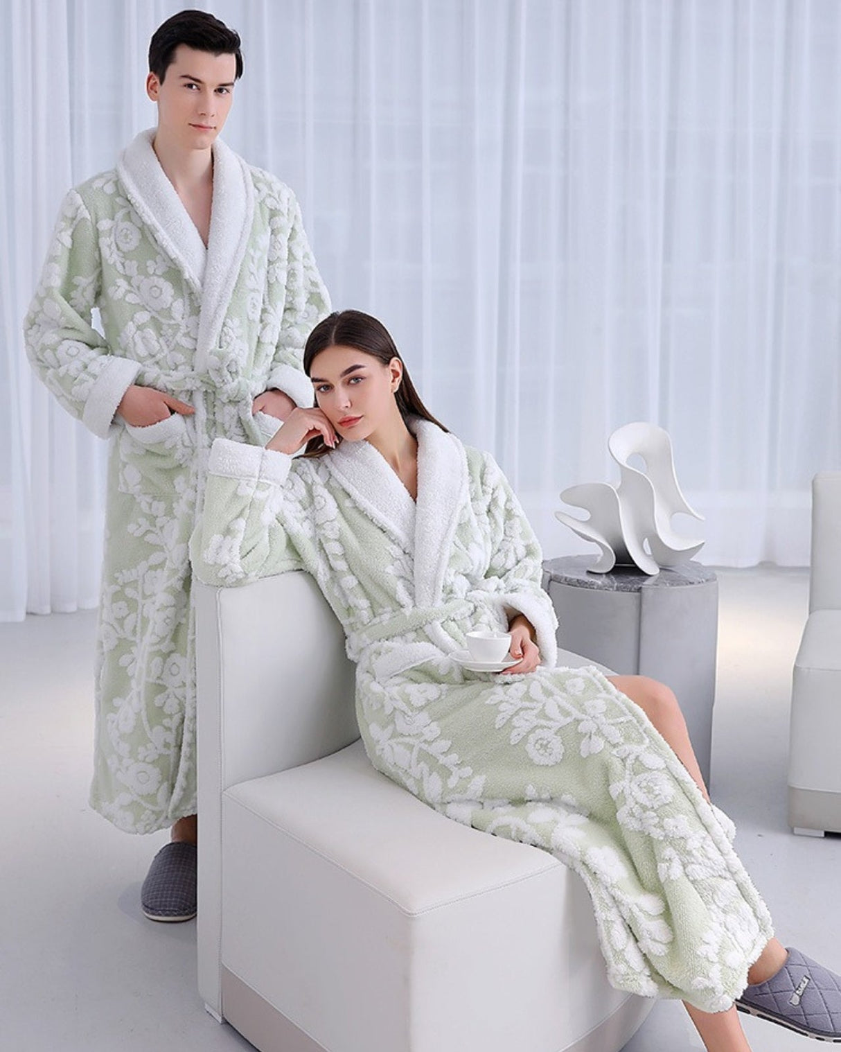 Luxury Floral Bathrobe Set  Sage Green Fleece With White Blooms - Detailed view