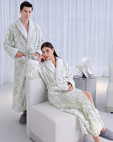 Luxury Floral Bathrobe Set  Sage Green Fleece With White Blooms - Detailed view
