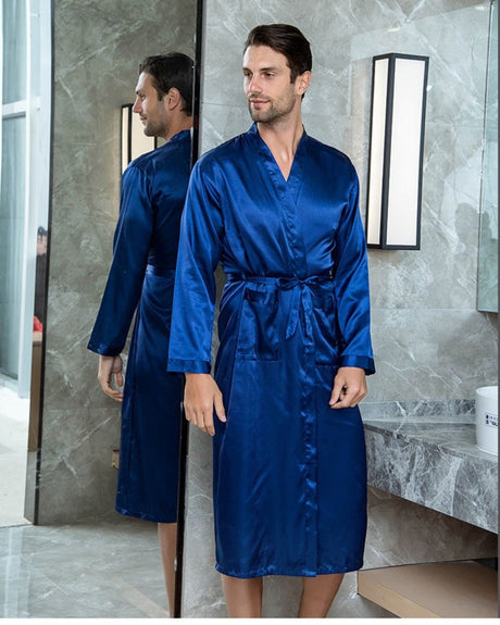 Mens Satin Robe  Royal Blue Kimono Style - Product showcase