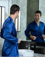 Mens Satin Robe  Royal Blue Kimono Style - Detailed view