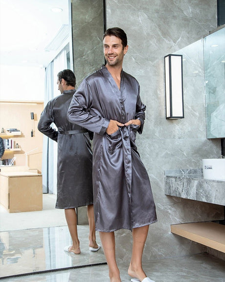 Luxury Satin Robe  Mens Grey Kimono Style - Product showcase