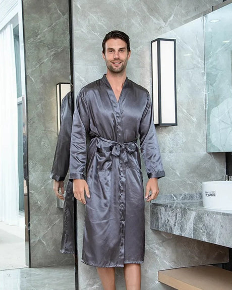 Luxury Satin Robe  Mens Grey Kimono Style - Detailed view