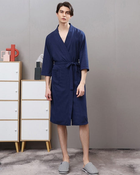 Mens Waffle Robe  Navy Cotton Spa Kimono - Detailed view