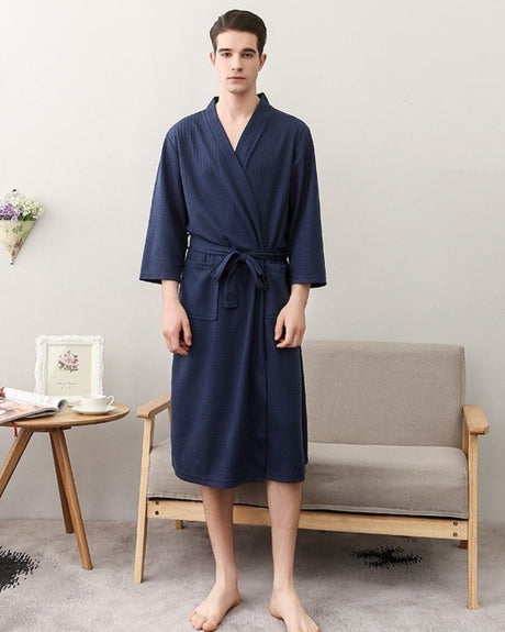 Mens Waffle Robe  Navy Cotton Spa Kimono - Product showcase