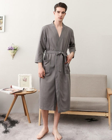 Mens Waffle Robe  Cotton Spa Kimono Gray - Product showcase