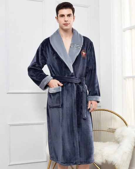 Mens Plush Bathrobe  Navy Blue Shawl Collar Design - Product showcase