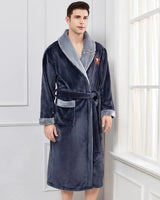 Mens Plush Bathrobe  Navy Blue Shawl Collar Design - Product example
