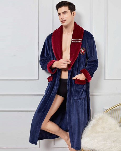 Luxury Mens Bathrobe  Navy Blue Velvet With Burgundy Trim - Product showcase