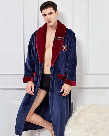 Luxury Mens Bathrobe  Navy Blue Velvet With Burgundy Trim - Detailed view