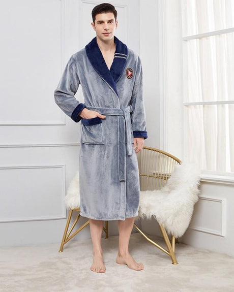 Mens Plush Bathrobe  Grey Fleece With Navy Trim - Product showcase