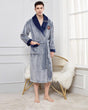 Mens Plush Bathrobe  Grey Fleece With Navy Trim - Product showcase