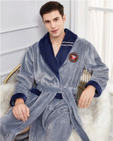 Mens Plush Bathrobe  Grey Fleece With Navy Trim - Detailed view