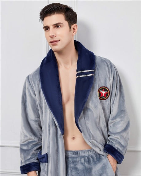 Mens Plush Bathrobe  Grey Fleece With Navy Trim - Product example
