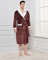Plush Kimono Bathrobe  Brown Fleece With White Trim - Product showcase