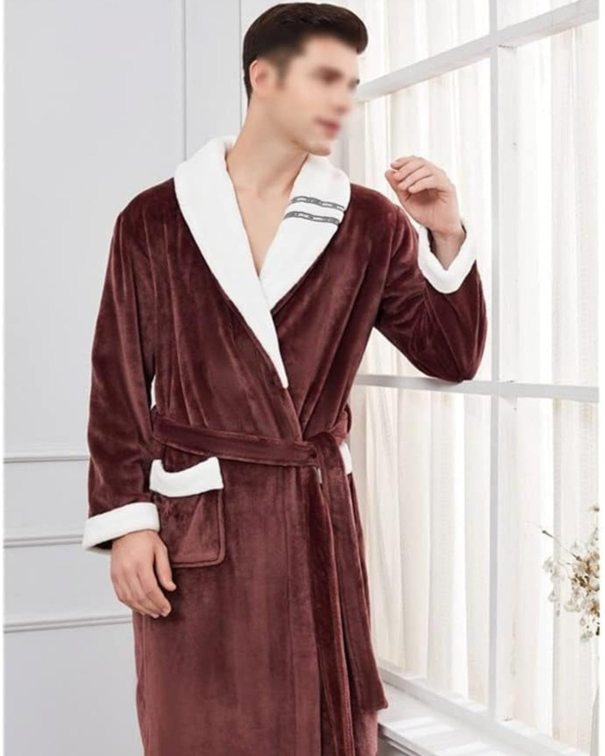 Plush Kimono Bathrobe  Brown Fleece With White Trim - Detailed view