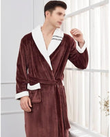 Plush Kimono Bathrobe  Brown Fleece With White Trim - Detailed view