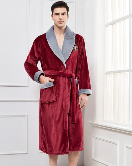 Luxury Mens Bathrobe  Burgundy Velvet With Grey Lapel - Product showcase