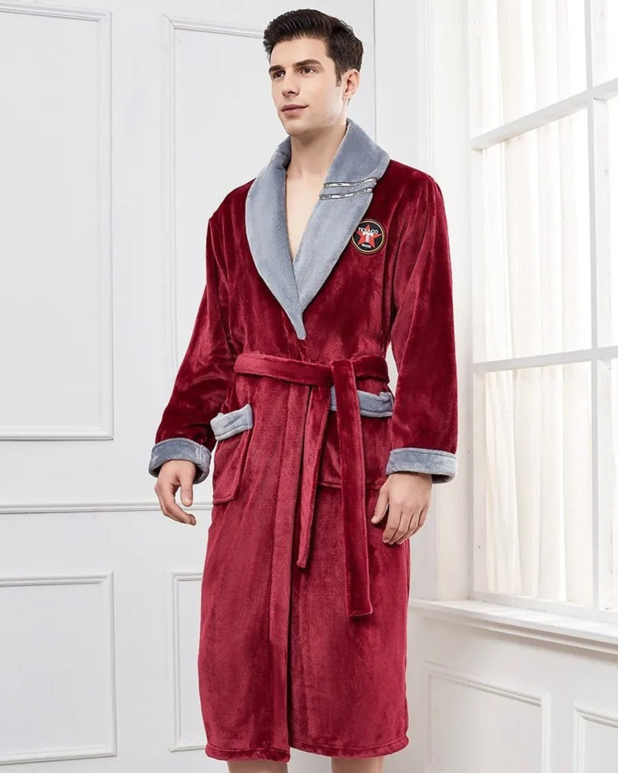 Luxury Mens Bathrobe  Burgundy Velvet With Grey Lapel - Detailed view