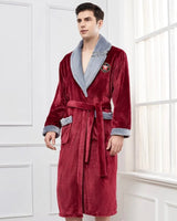 Luxury Mens Bathrobe  Burgundy Velvet With Grey Lapel - Detailed view