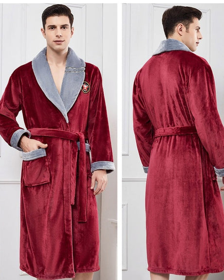 Luxury Mens Bathrobe  Burgundy Velvet With Grey Lapel - Product example
