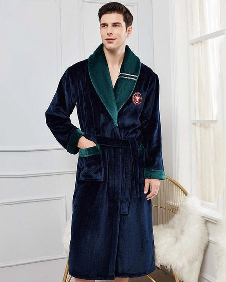 Luxury Mens Velvet Robe  Navy Blue with Emerald Trim - Product showcase