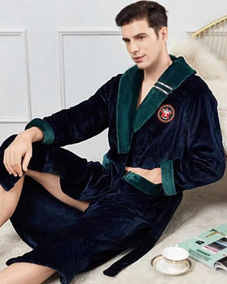 Luxury Mens Velvet Robe  Navy Blue with Emerald Trim - Detailed view