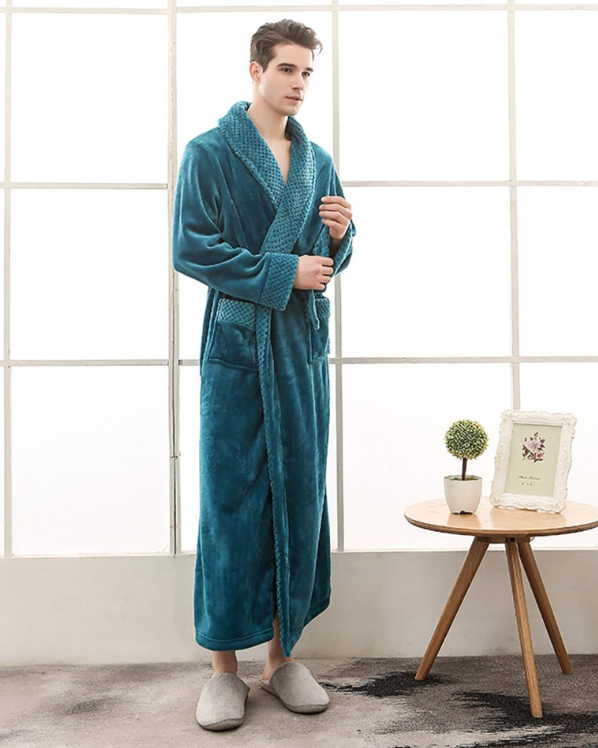 Plush Mens Bathrobe  Textured Shawl Collar Design - Product showcase