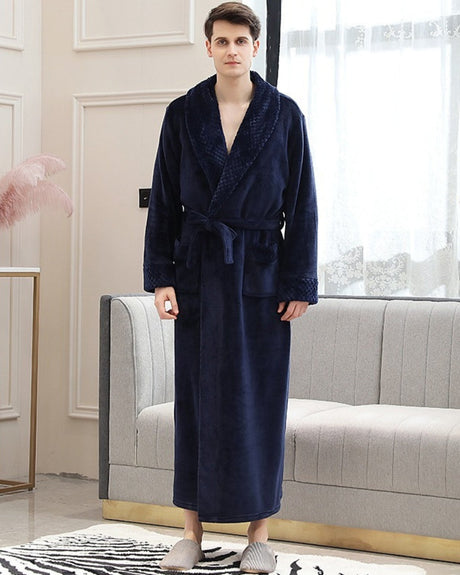 Luxury Mens Bathrobe  Navy Blue Plush Fleece Full Length - Product showcase