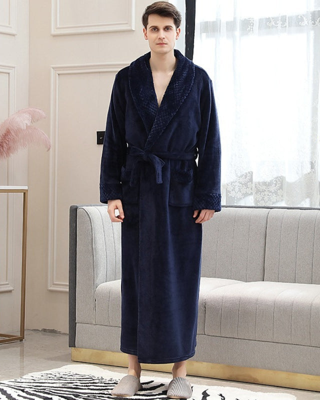 Luxury Mens Bathrobe  Navy Blue Plush Fleece Full Length - Product showcase