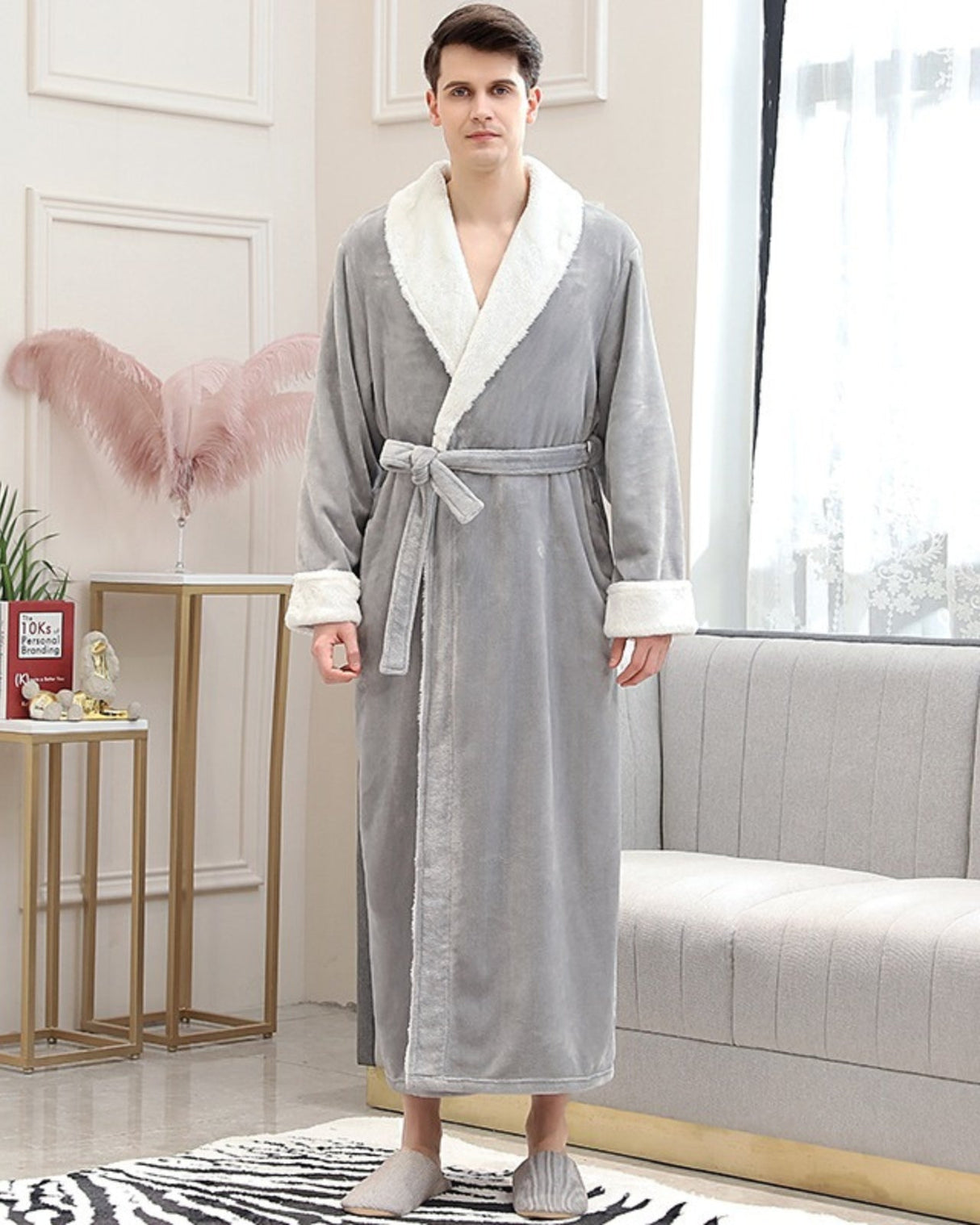 Plush Mens Bathrobe  Shawl Collar Long Grey Fleece - Product showcase