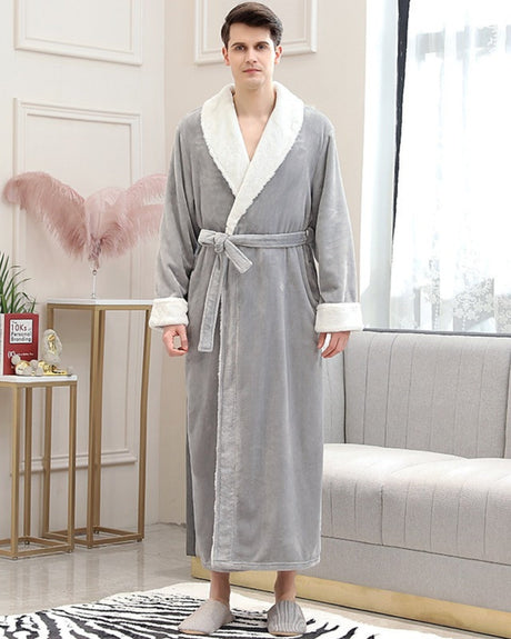 Plush Mens Bathrobe  Shawl Collar Long Grey Fleece - Product showcase