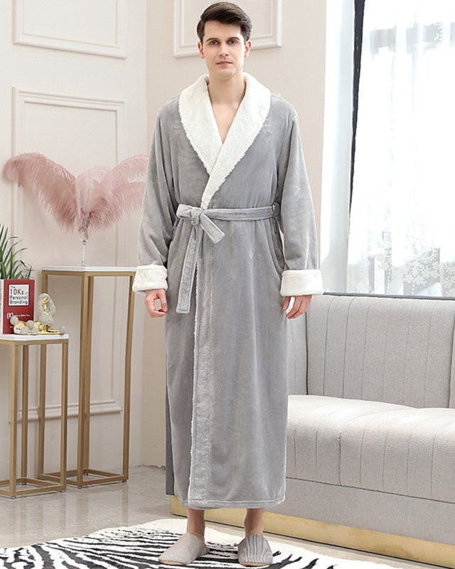 Plush Mens Bathrobe  Shawl Collar Long Grey Fleece - Product showcase