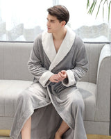 Plush Mens Bathrobe  Shawl Collar Long Grey Fleece - Detailed view
