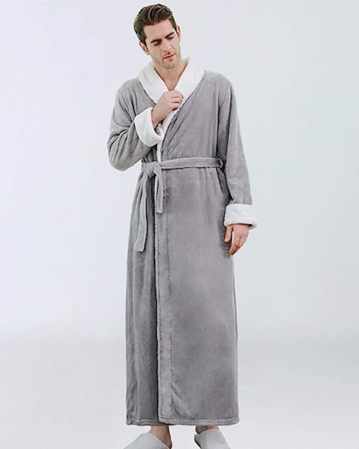 Plush Mens Bathrobe  Shawl Collar Long Grey Fleece - Product example