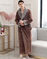 Plush Mens Bathrobe  Long Fleece With Gray Shawl Collar - Product showcase
