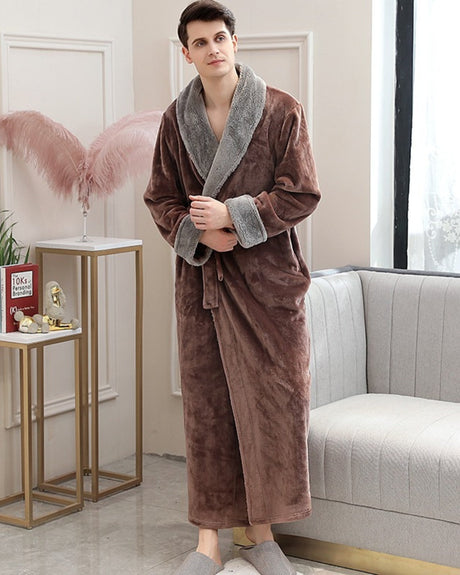 Plush Mens Bathrobe  Long Fleece With Gray Shawl Collar - Product showcase