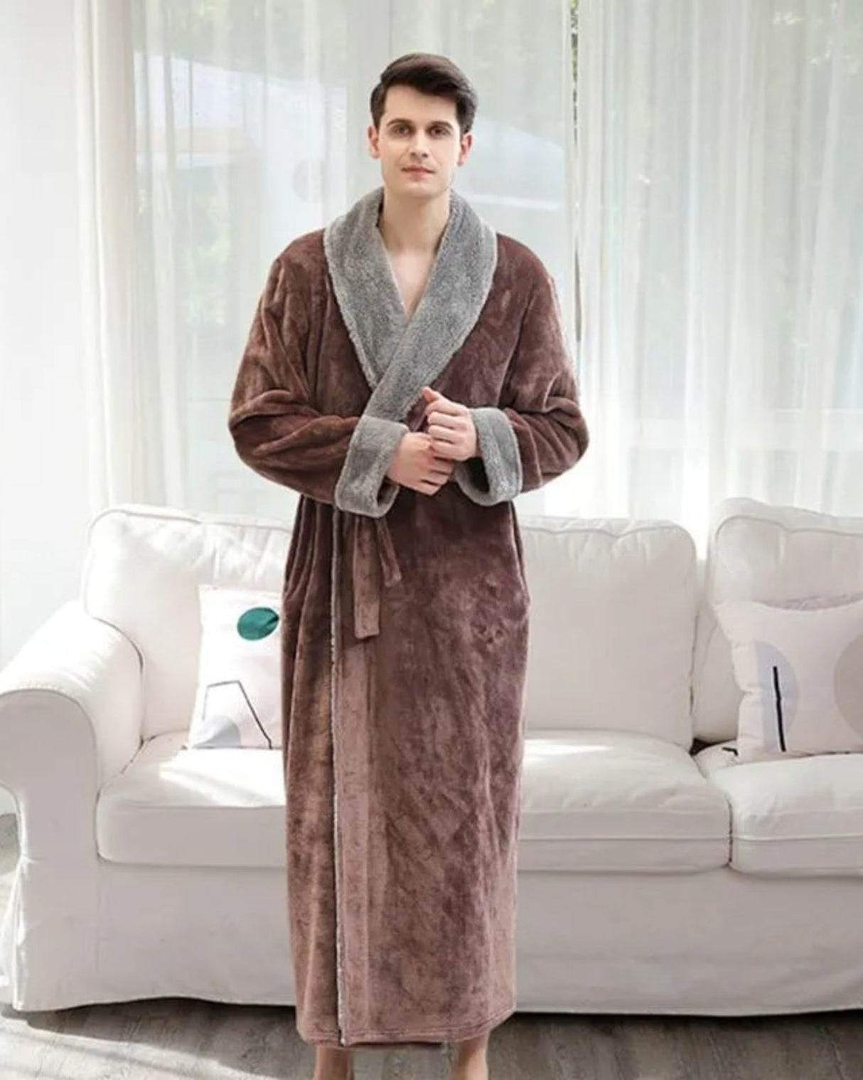 Plush Mens Bathrobe  Long Fleece With Gray Shawl Collar - Detailed view