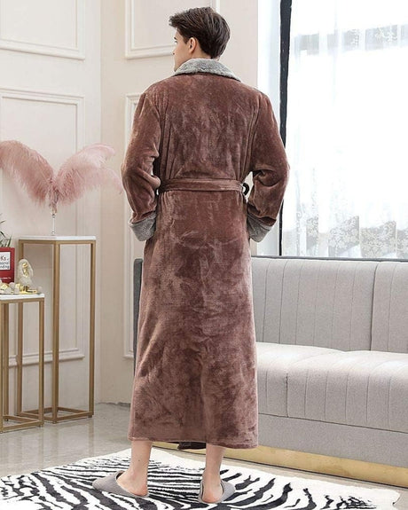 Plush Mens Bathrobe  Long Fleece With Gray Shawl Collar - Product example